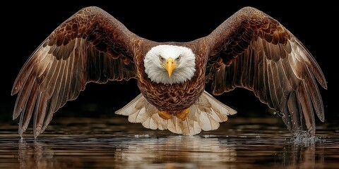 Majestic bald eagle swoops down over calm water during golden hour, showcasing powerful wingspan and fierce gaze
