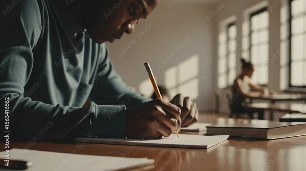 Poster natural light illuminates a focused student working diligently at his desk, writing in a notebook wi