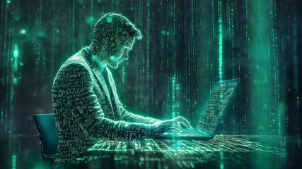A professional businessman engages in coding on a laptop while data streams flow around, showcasing digital transformation and technology impact - Powered by Adobe