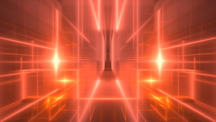 Bright red light beams intersect and radiate from a central point, forming an intricate pattern. This vibrant display suggests a futuristic digital environment or abstract art installation. 3d render