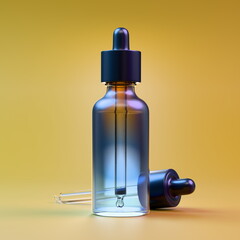 dropper bottle sits upright next to a pipette against a bright yellow background. glass structure reflects light, showcasing sleek curves and details. 3d render