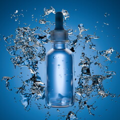clear dropper bottle is artistically surrounded by splashes of water on a vibrant blue background,...