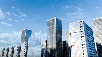 Skyscrapers tower in a bustling cityscape, featuring sleek glass facades and modern architecture....