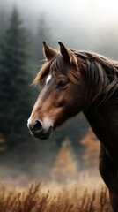 Obraz premium Majestic brown horse in a serene forest setting at sunrise with mist and autumn foliage