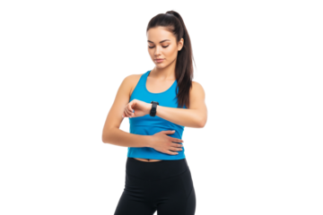 young sporty woman looking at watch on transparent