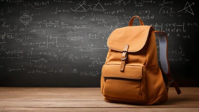 A vintage backpack sits on a wooden table in a classroom filled with mathematical equations on a blackboard