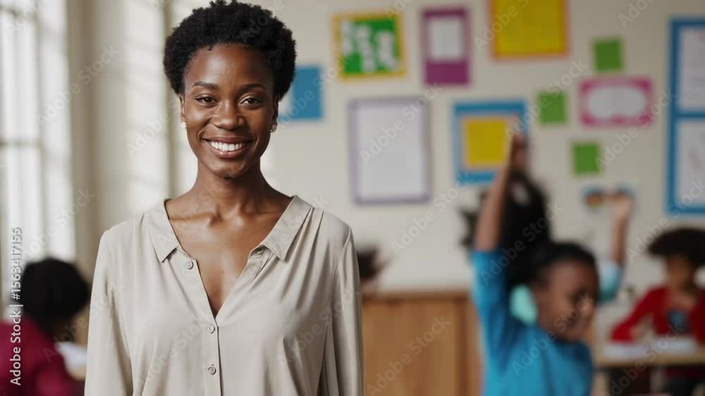 Poster Cheerful african american educator standing in vibrant classroom, smiling warmly while elementary students playing energetically in background, representing inclusive learning environment
