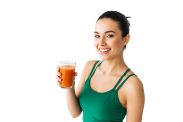 Smilling woman with a glass of carrot juice isolated on white
