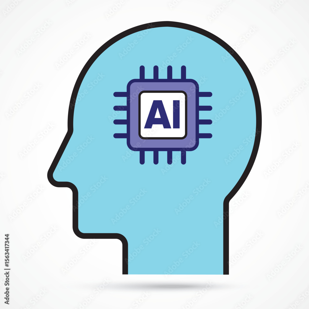 Fototapete human head with embedded microchip icon, concept of ai brain integration and smart thinking system, 