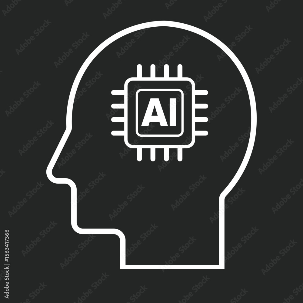 Fototapete Human Head with Embedded Microchip icon in black and white background, Concept of AI Brain Integration and Smart Thinking System, Symbol, logo illustration. Vector graphics for Presentation and other