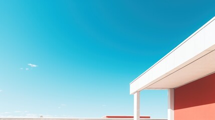 Blue sky over a beach house with wooden architecture, featuring windows and a white roof, new construction for a summer home