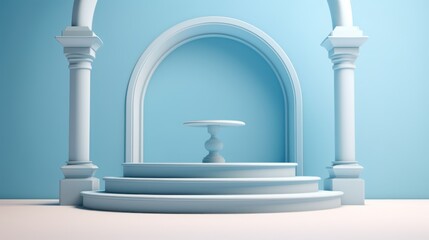 White Greek architectural columns forming a classical temple colonnade against a blue sky