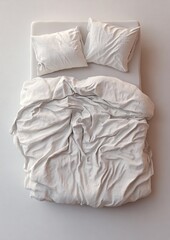 Obraz premium Minimalist White: Bed with Pillows and Crumpled Duvet Cover, Top View
