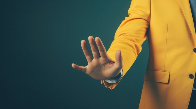 Businessman showing his finger touching a virtual screen - Powered by Adobe