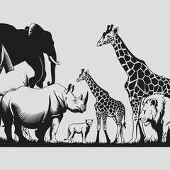 Black silhouettes of African safari animals—including lions, elephants, giraffes, and rhinos—grouped beneath acacia trees in stylized horizontal scenes on a white background.

