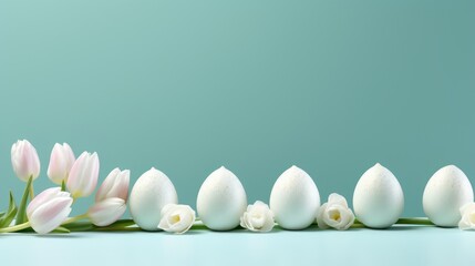 White flowers and colorful Easter eggs on a green spring grass background, a joyful holiday celebration design