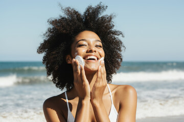 Woman applying sunscreen lotion skin care protection sunblock summer skincare routine.