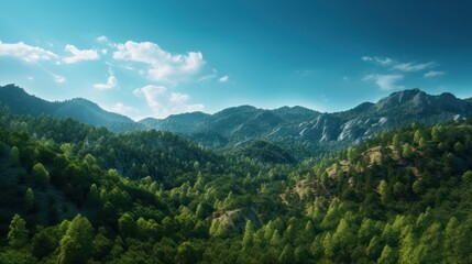 Vibrant summer mountain landscape with green forests, high peaks, and a panoramic view of the sky with clouds