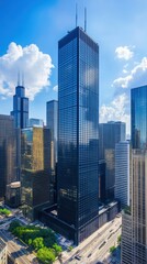 Obraz premium A Majestic View of Chicago's Iconic Black Skyscraper Amidst a City Skyline Under a Sunny Day