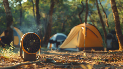 Camping adventure showing a portable fan to stay cool with tents in the background during a forest summer getaway.