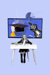 Poster 3D collage of young schoolgirl sit tablet monitor board graduate armor glove finger point...