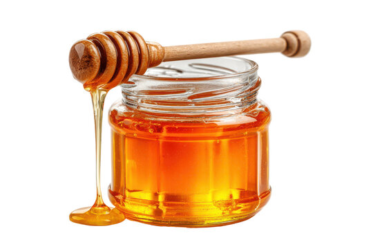 Golden honey flows from a wooden dipper into a glass jar on black background isolated on a transparent background