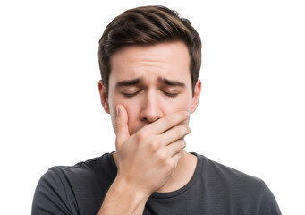 Sorrowful man with hand over mouth expressing sadness, frustration
