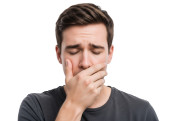 Sorrowful man with hand over mouth expressing sadness, frustration