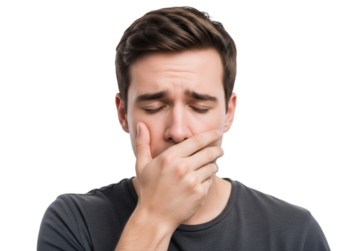 Sorrowful man with hand over mouth expressing sadness, frustration