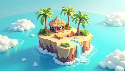 Obraz premium Miniature floating island with a beach hut, lounge chairs, palm trees, and a waterfall.