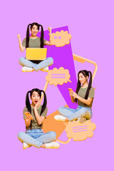 Image pop 3d zine vertical collage of happy girl guy stand phone device communication message icon...