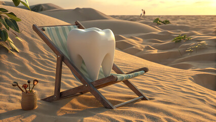 Tooth health and dental care concept: tooth relaxing on beach chair in desert landscape for oral hygiene