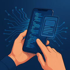 Two hands interacting with futuristic smartphone UI with layered glowing data panels in blue