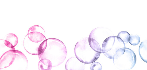 Soap bubbles watercolor background. Pink and blue Fleeting spheres, weightless balls and foam Bubbles composition. Watercolor illustration for cards design, festive decoration, package and print.