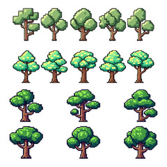 A collection of pixelated trees with varying shapes and sizes arranged in rows on a transparent background.