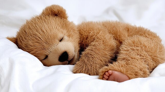 Adorable Brown Teddy Bear Sleeping on White Bedding