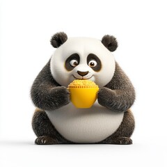Fototapeta premium Adorable Fluffy Cartoon Panda Holding Gold Coins in Yellow Bowl