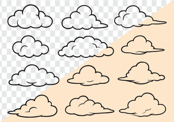 Cartoon clouds collection white outlines on peach and transparent background weather