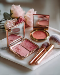 Chic minimalist product photo of blush palettes, makeup brushes, and mirror, elegantly arranged on marble surface with soft floral accents, creating serene and stylish atmosphere