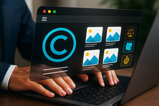Person using laptop with copyright and legal icons