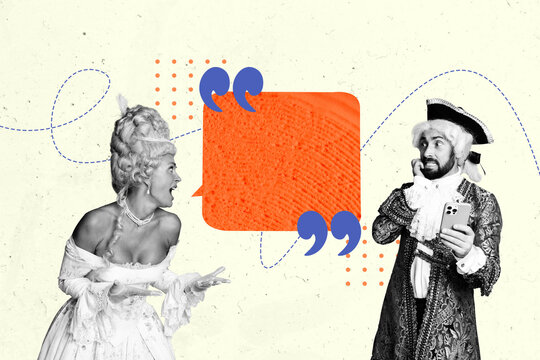 Composite artwork 3D photo collage trend template of aristocratic style retro outfit young man lady talk argue comment quote talk bubble