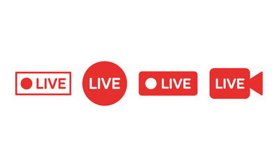 Red Live Stream Recording Button Icons Set, vector illustration