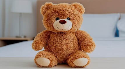 Obraz premium Adorable Light Brown Plush Teddy Bear Sitting on Wooden Table in Bedroom