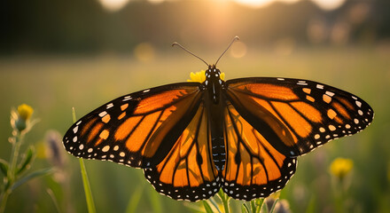 A Monarch butterfly rests on a yellow flower, bathed in sunlight.