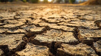 Dry cracked earth texture with deep fissures showing geological layers, drought and climate change concept, arid landscape and global warming effects.