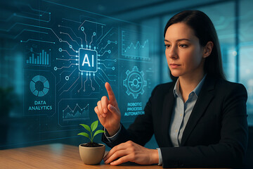 Businesswoman using digital AI interface with futuristic analytics and interactive data screen
