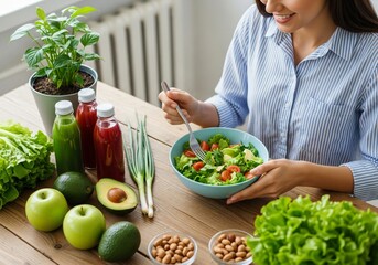 A woman is eating a healthy salad at a wooden table during the daytime, surrounded by various healthy ingredients and drinks, indicating a focus on diet and wellness.