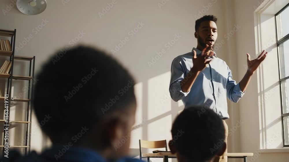 Poster natural light illuminates a classroom where a passionate teacher stands, gesturing expressively whil