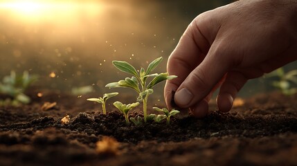 A gentle hand plants a tiny seedling in rich soil under warm golden sunlight
