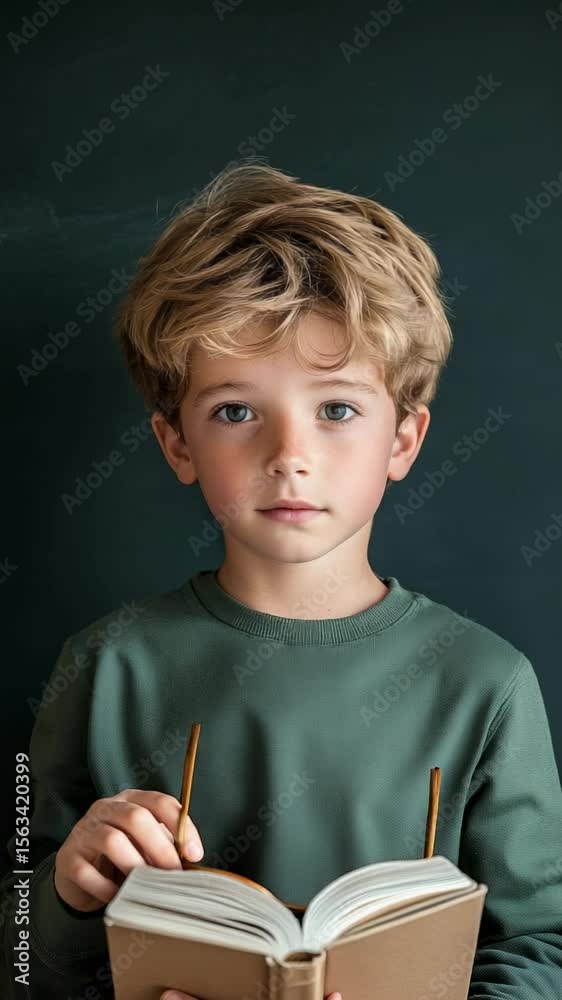 Poster Smart young pupil adjusting glasses while holding an open book, standing confidently in front of a chalkboard, ready for class and displaying eagerness to learn and absorb knowledge